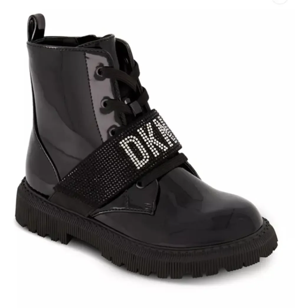 DKNY Boots Girls Size 13 Black Ava Roma Combat Rhinestone Zip Lug Sole